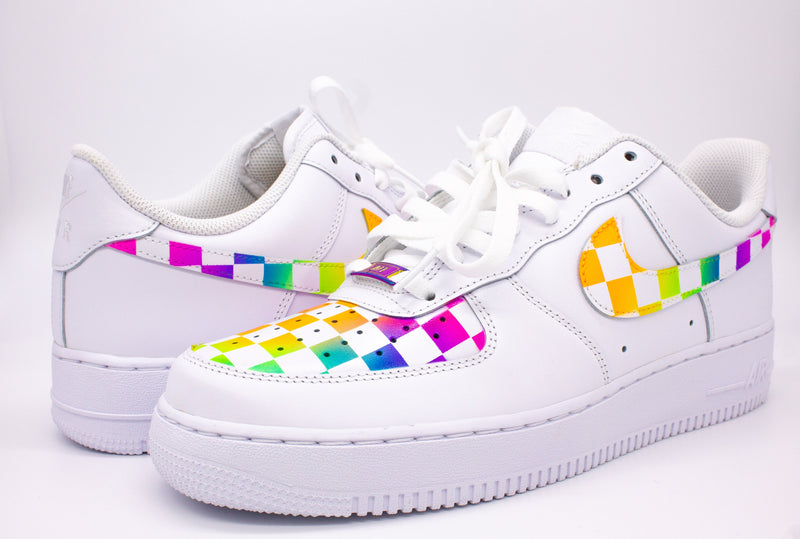 Multi-coloured checkered custom air force one on a white background