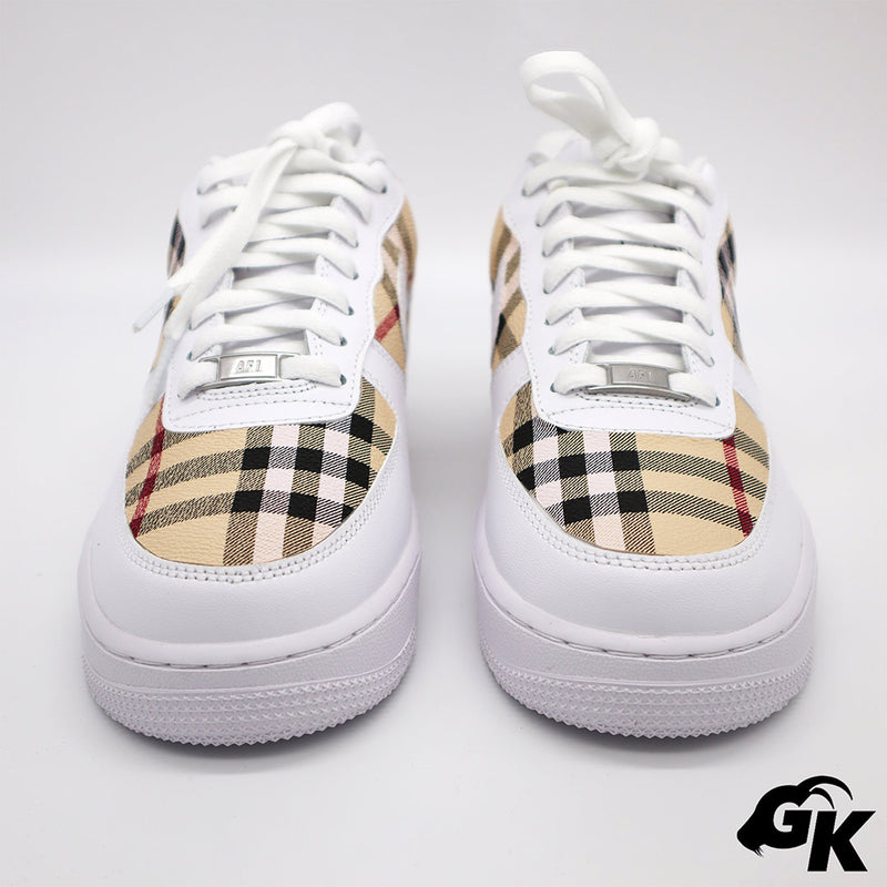 Front view of a Custom Nike Air force 1 with a Tan Plaid design