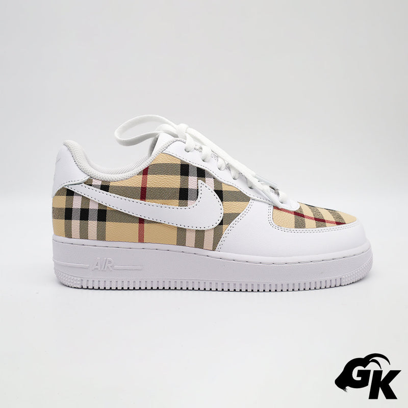 Side view of a Custom Nike Air force 1 with a Tan Plaid design